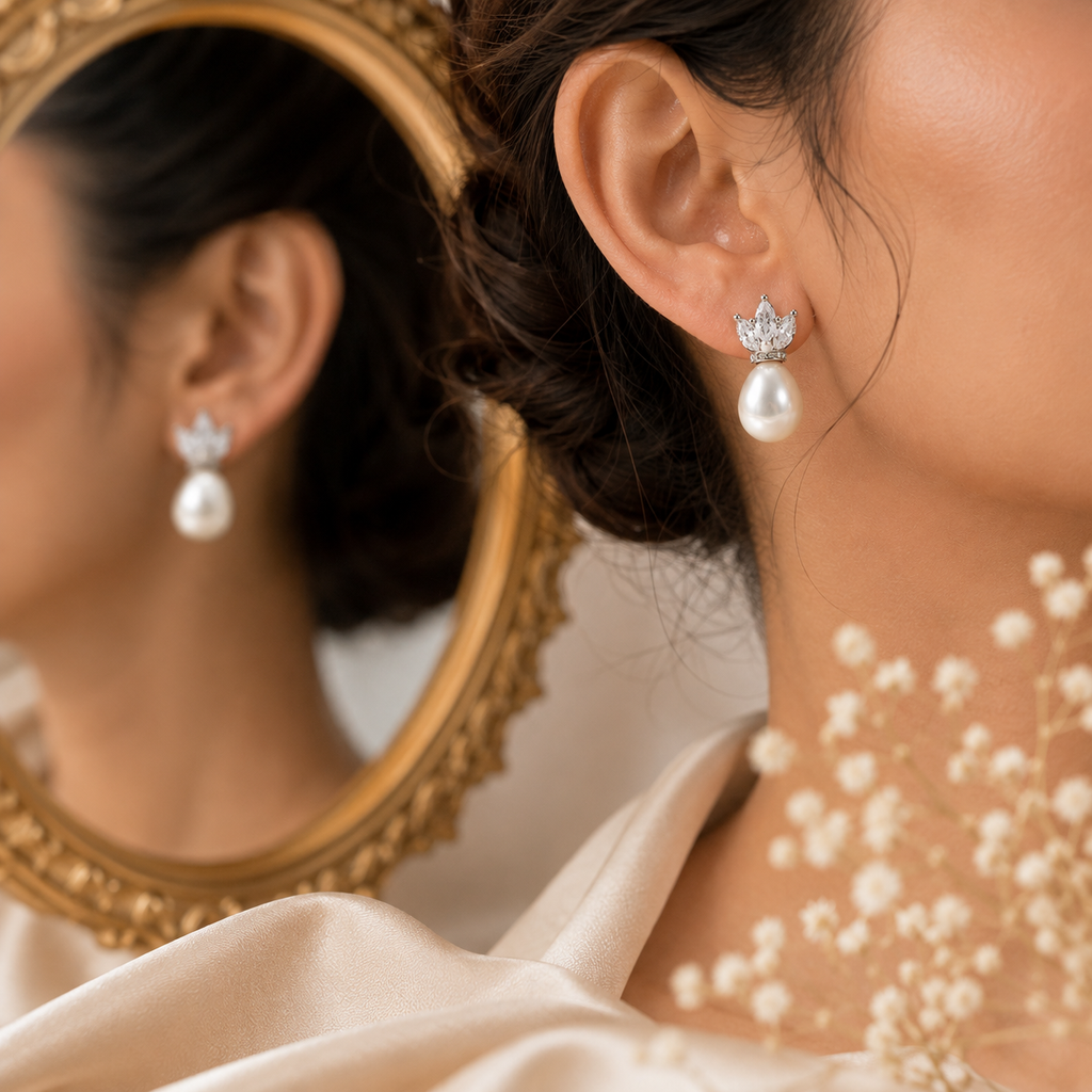 Elegant Crown Pearl Drop Earrings for Women | Krishna Pearls and Jewellers