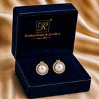 Heirloom White Pearl & CZ Stud Earrings in Gold | Pearl Earrings for Women | Krishna Pearls & Jewellers