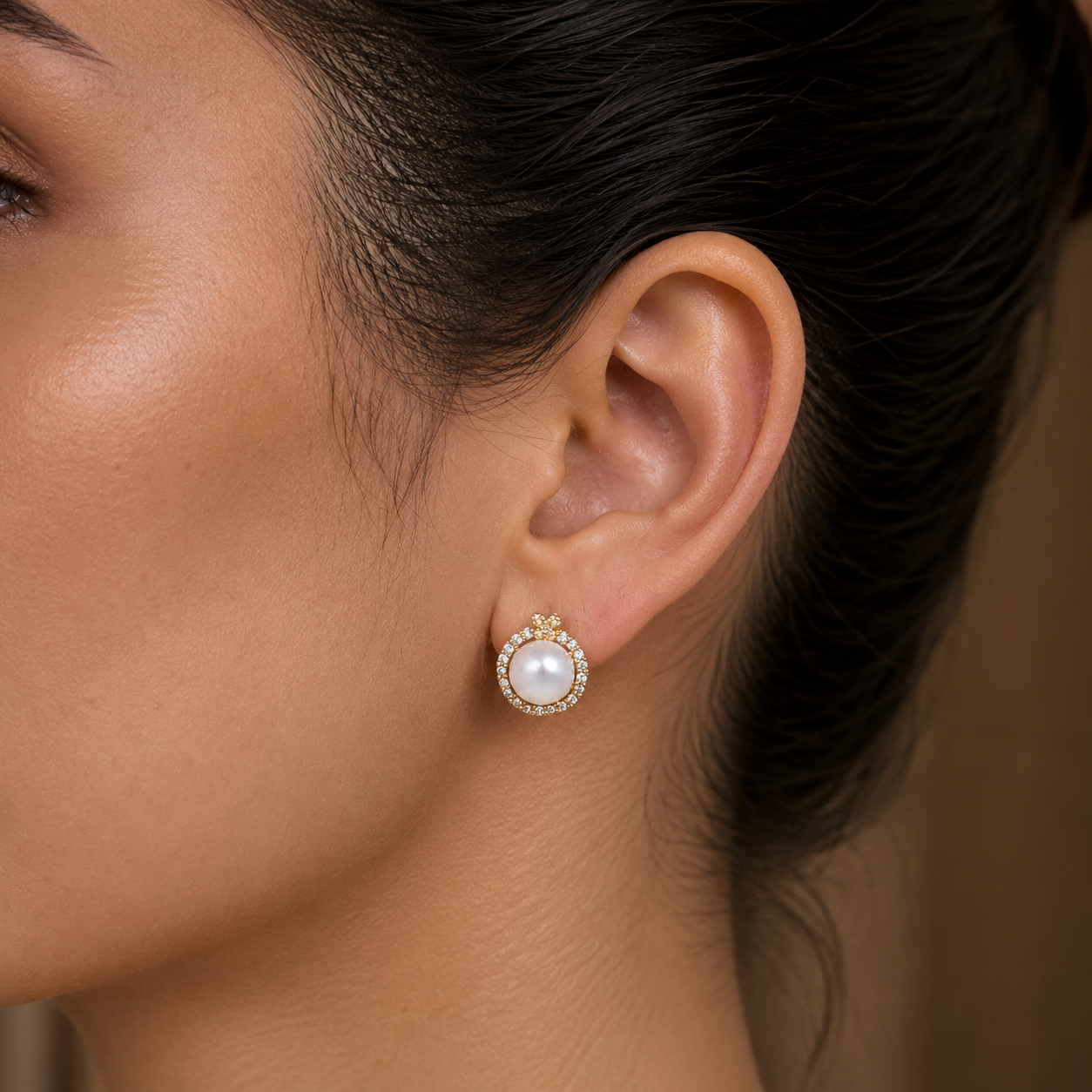 Heirloom White Pearl & CZ Stud Earrings in Gold | Pearl Earrings for Women | Krishna Pearls & Jewellers