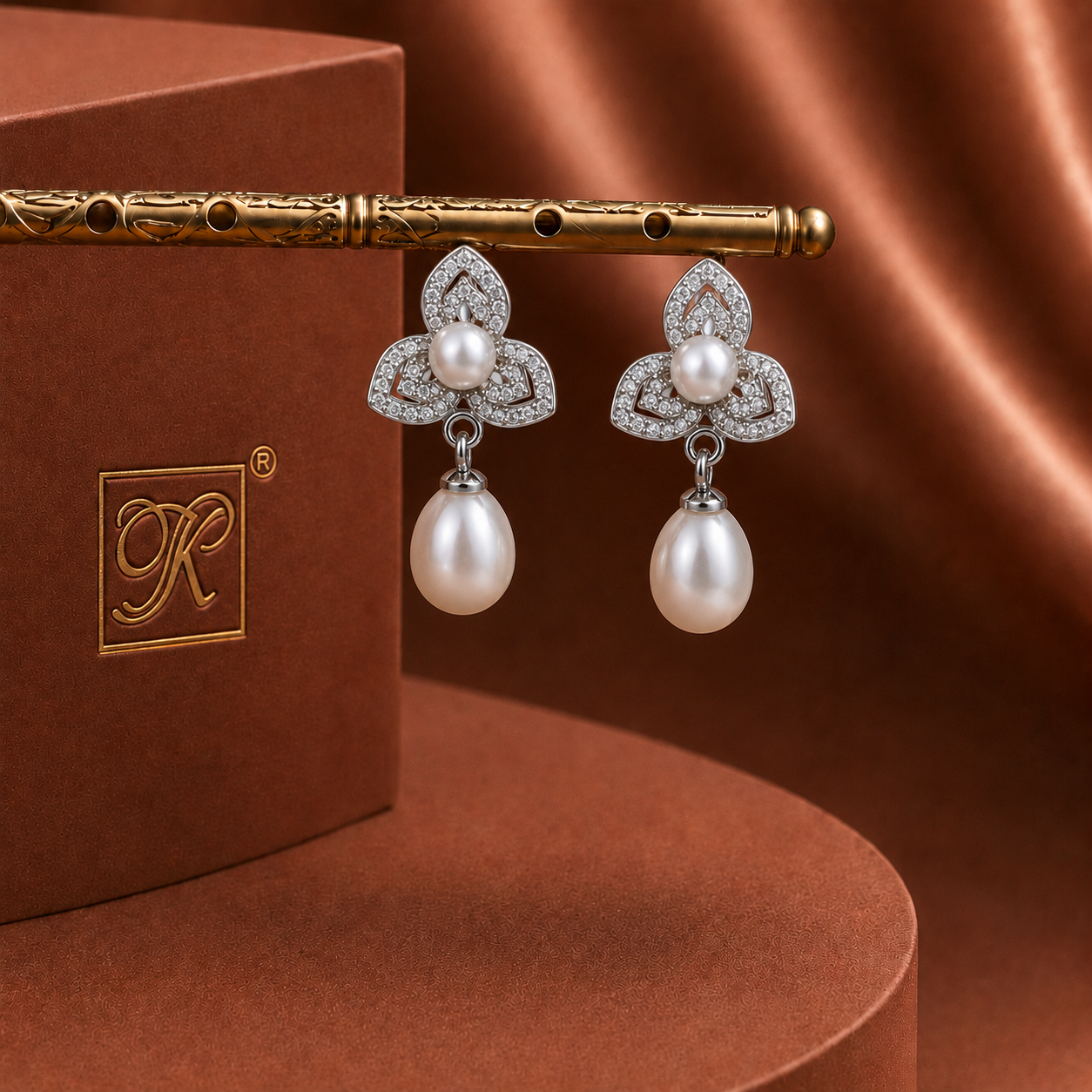 Opulent White Polish Freshwater Pearl & CZ Drop Earrings in Silver Tone | Pearl Earrings for Women | Krishna Pearls & Jewellers