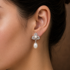 Opulent White Polish Freshwater Pearl & CZ Drop Earrings in Silver Tone | Pearl Earrings for Women | Krishna Pearls & Jewellers