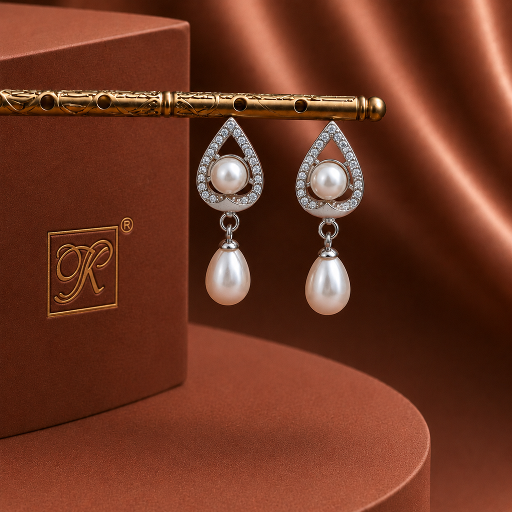 Premium White Polish Freshwater Pearl & CZ Drop Earrings in Silver Tone | Pearl Earrings for Women | Krishna Pearls & Jewellers