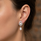 Premium White Polish Freshwater Pearl & CZ Drop Earrings in Silver Tone | Pearl Earrings for Women | Krishna Pearls & Jewellers