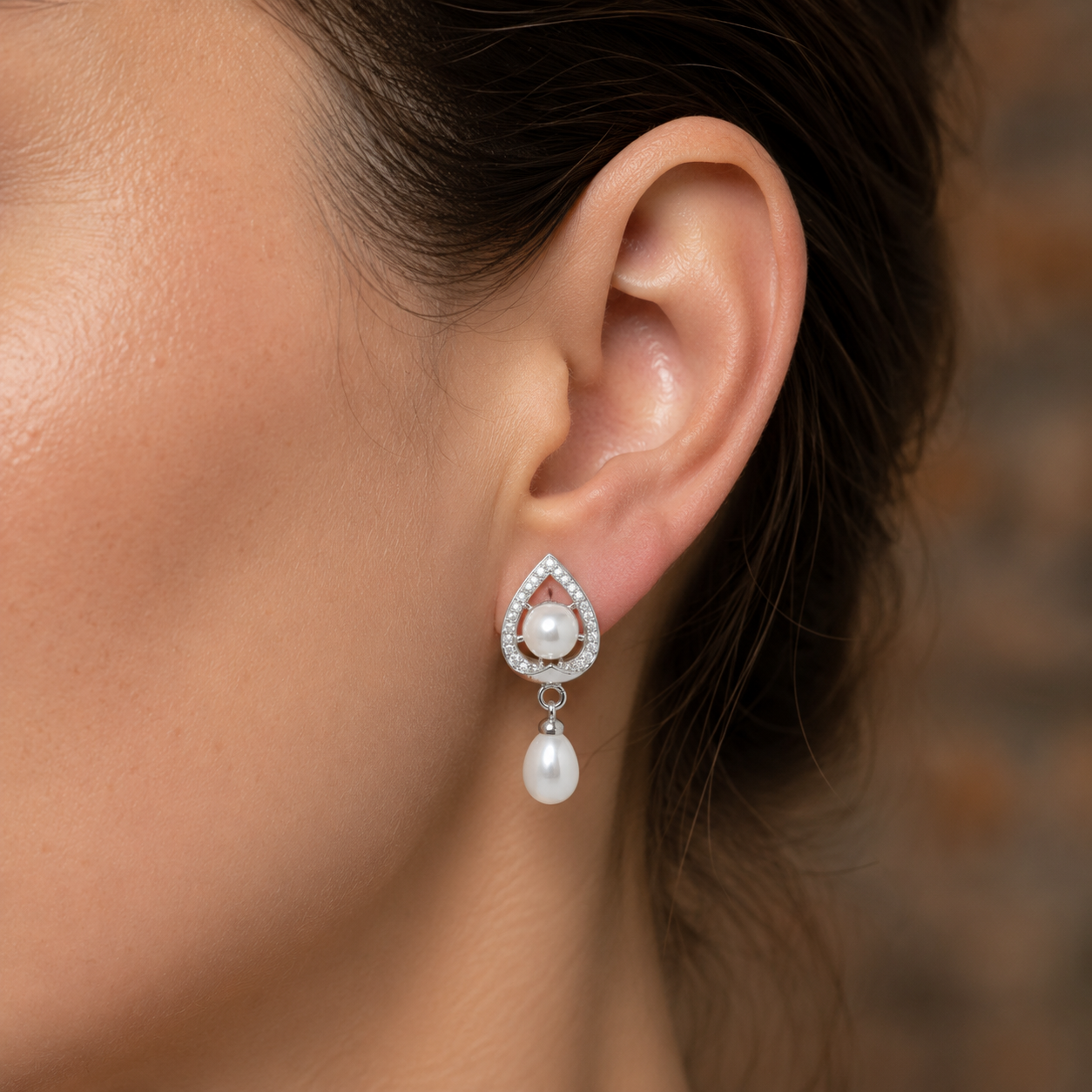 Premium White Polish Freshwater Pearl & CZ Drop Earrings in Silver Tone | Pearl Earrings for Women | Krishna Pearls & Jewellers
