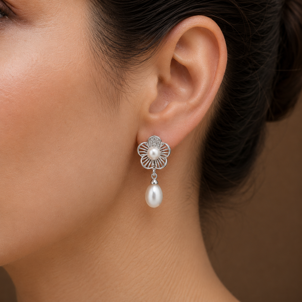 Royal White Polish Freshwater Pearl & CZ Drop Earrings in Silver Tone | Pearl Earrings for Women | Krishna Pearls & Jewellers