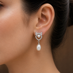 Regal White Polish Freshwater Pearl & CZ Drop Earrings in Silver Tone | Pearl Earrings for Women | Krishna Pearls & Jewellers