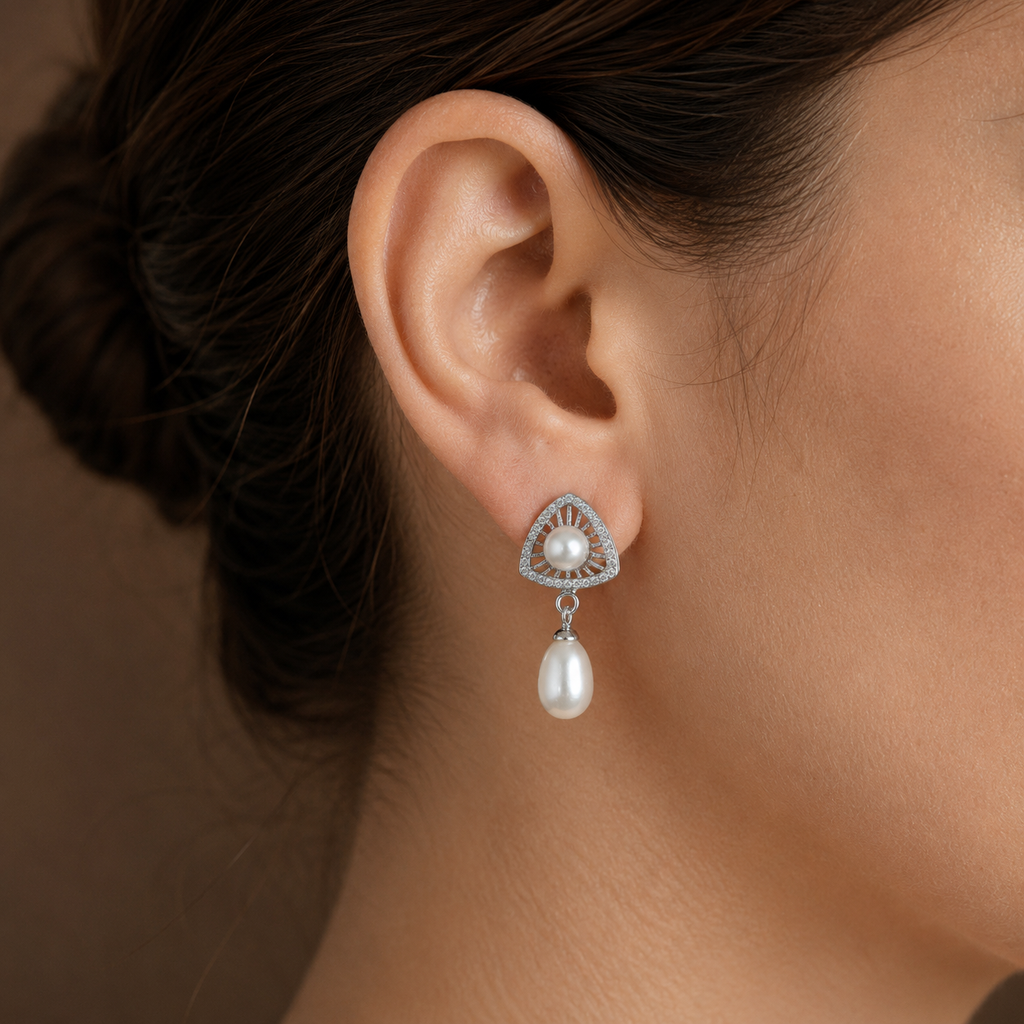 Grand White Polish Freshwater Pearl & CZ Drop Earrings in Silver Tone | Pearl Earrings for Women | Krishna Pearls & Jewellers