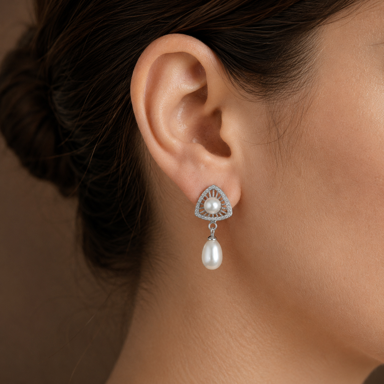 Grand White Polish Freshwater Pearl & CZ Drop Earrings in Silver Tone | Pearl Earrings for Women | Krishna Pearls & Jewellers