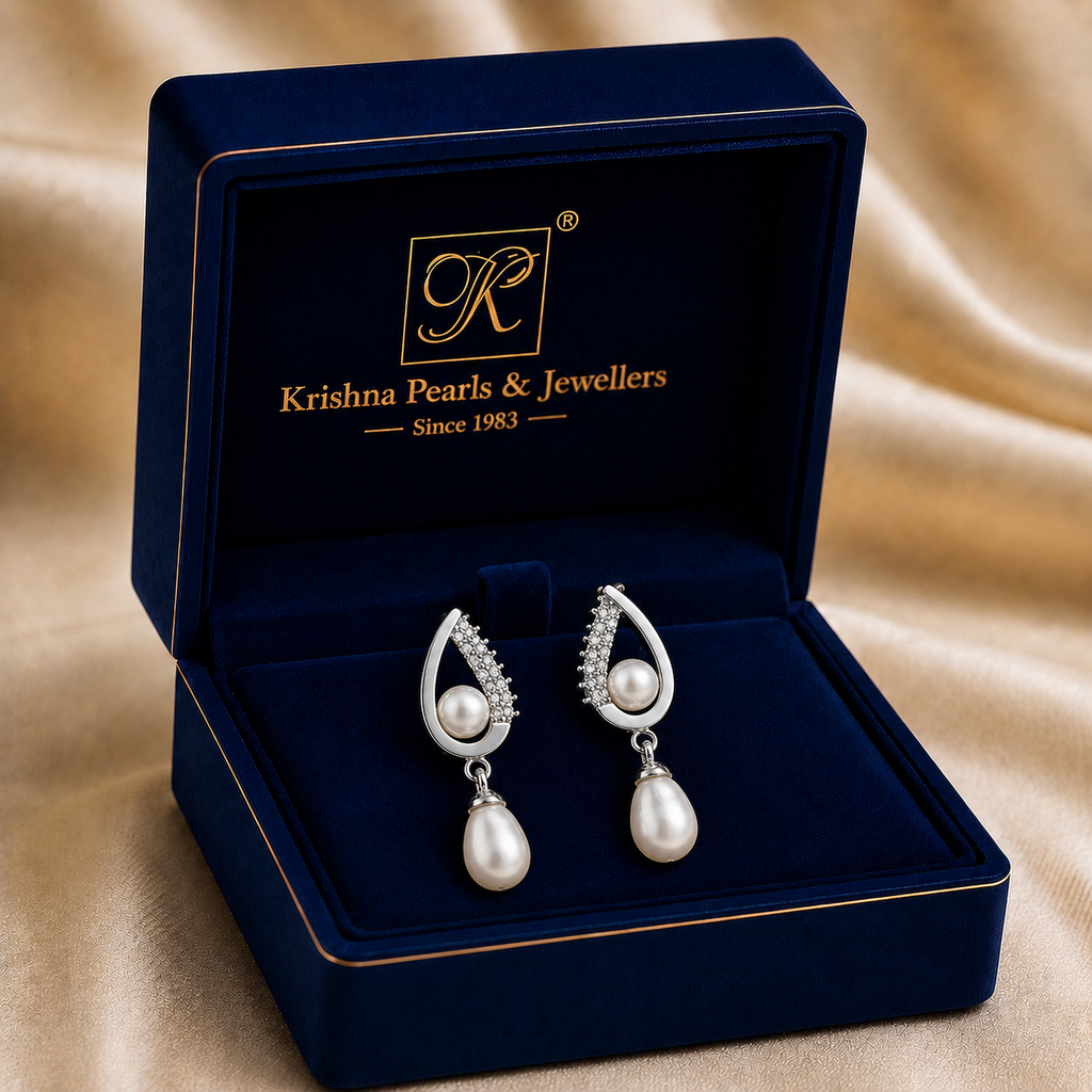 Signature White Polish Freshwater Pearl & CZ Drop Earrings in Silver Tone | Pearl Earrings for Women | Krishna Pearls & Jewellers