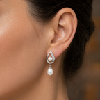 Signature White Polish Freshwater Pearl & CZ Drop Earrings in Silver Tone | Pearl Earrings for Women | Krishna Pearls & Jewellers