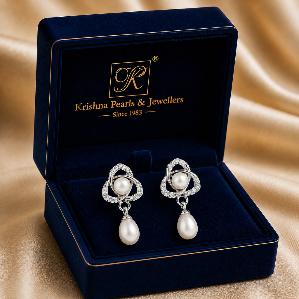 Ornate White Polish Freshwater Pearl & CZ Drop Earrings in Silver Tone — Style T4501 | Pearl Earrings for Women | Krishna Pearls & Jewellers