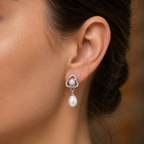 Ornate White Polish Freshwater Pearl & CZ Drop Earrings in Silver Tone — Style T4501 | Pearl Earrings for Women | Krishna Pearls & Jewellers