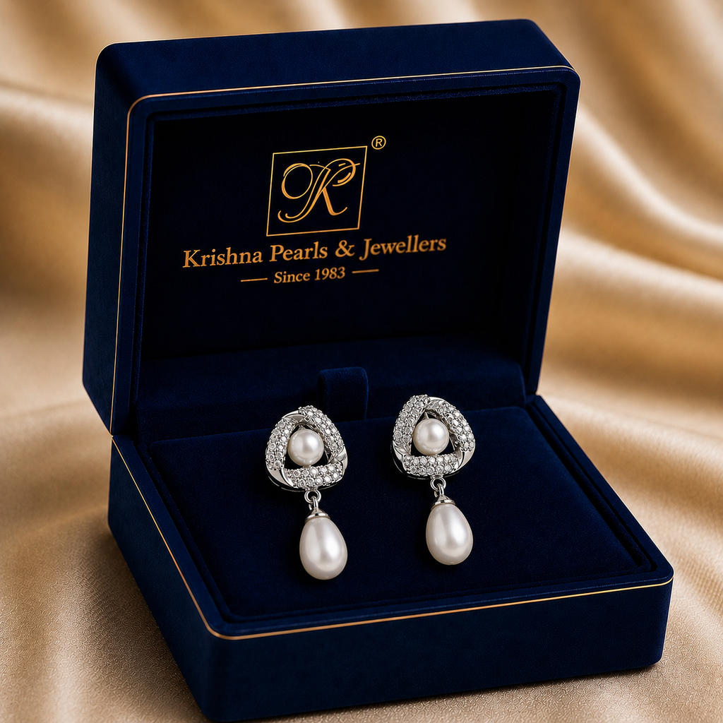 Exquisite White Polish Freshwater Pearl & CZ Drop Earrings in Silver Tone | Pearl Earrings for Women | Krishna Pearls & Jewellers