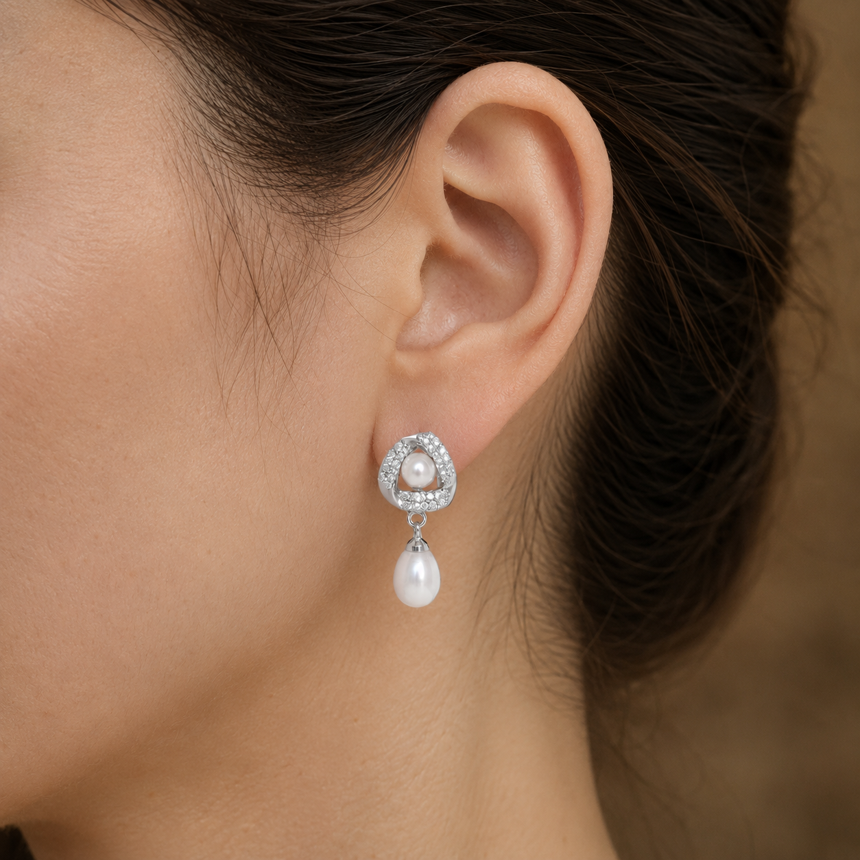 Exquisite White Polish Freshwater Pearl & CZ Drop Earrings in Silver Tone | Pearl Earrings for Women | Krishna Pearls & Jewellers