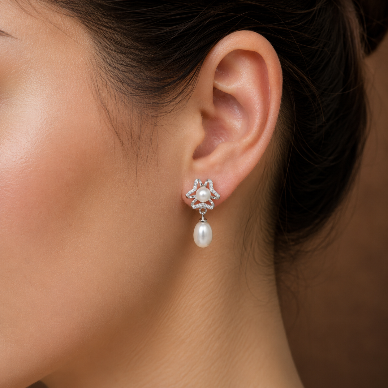 Heirloom White Polish Freshwater Pearl & CZ Drop Earrings in Silver Tone | Pearl Earrings for Women | Krishna Pearls & Jewellers