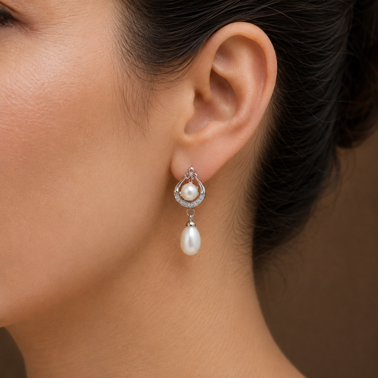 Contemporary White Polish Freshwater Pearl & CZ Drop Earrings in Silver Tone | Pearl Earrings for Women | Krishna Pearls & Jewellers