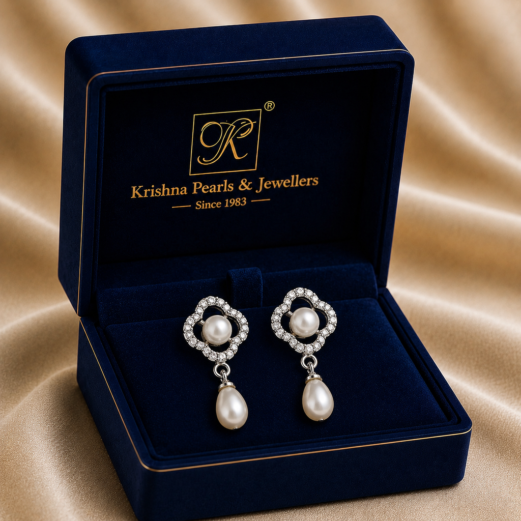 Ornate White Polish Freshwater Pearl & CZ Drop Earrings in Silver Tone | Pearl Earrings for Women | Krishna Pearls & Jewellers