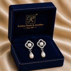 Ornate White Polish Freshwater Pearl & CZ Drop Earrings in Silver Tone | Pearl Earrings for Women | Krishna Pearls & Jewellers
