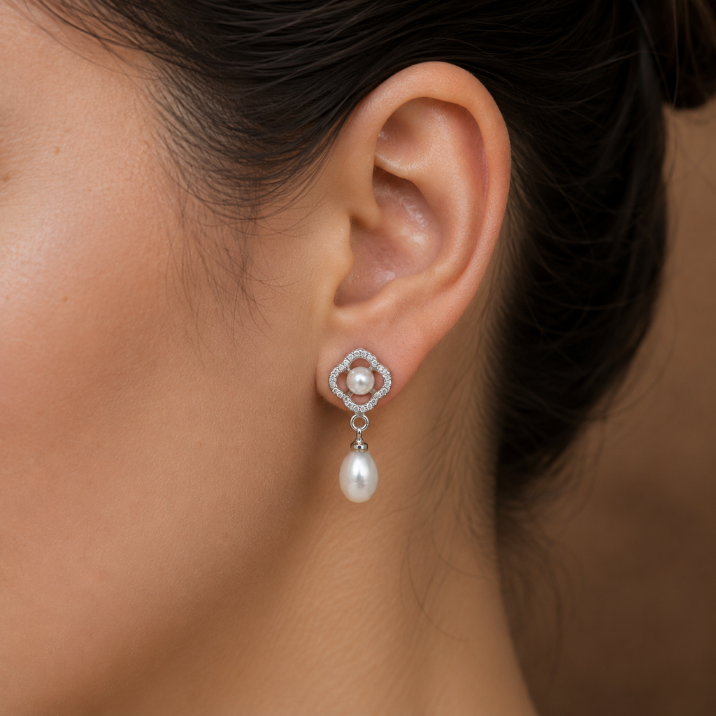 Ornate White Polish Freshwater Pearl & CZ Drop Earrings in Silver Tone | Pearl Earrings for Women | Krishna Pearls & Jewellers