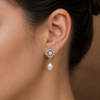Ornate White Polish Freshwater Pearl & CZ Drop Earrings in Silver Tone | Pearl Earrings for Women | Krishna Pearls & Jewellers