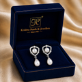 Luxe White Polish Freshwater Pearl & CZ Drop Earrings in Silver Tone | Pearl Earrings for Women | Krishna Pearls & Jewellers
