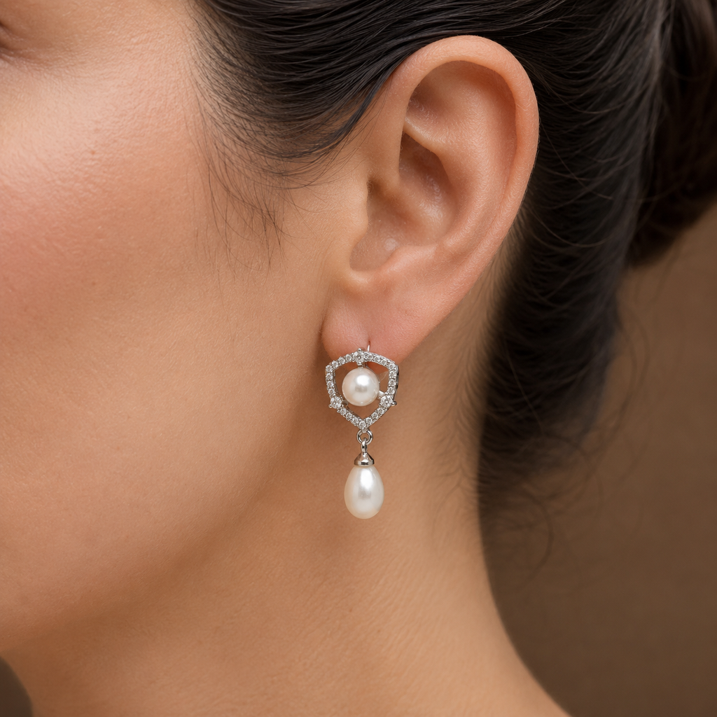 Luxe White Polish Freshwater Pearl & CZ Drop Earrings in Silver Tone | Pearl Earrings for Women | Krishna Pearls & Jewellers