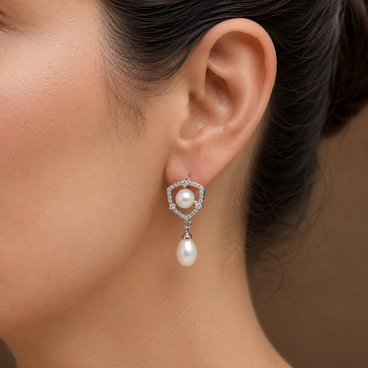 Luxe White Polish Freshwater Pearl & CZ Drop Earrings in Silver Tone | Pearl Earrings for Women | Krishna Pearls & Jewellers