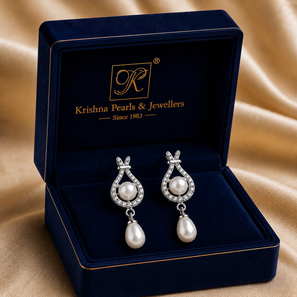 Statement White Polish Freshwater Pearl & CZ Drop Earrings in Silver Tone | Pearl Earrings for Women | Krishna Pearls & Jewellers