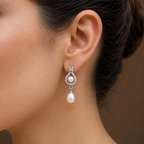 Statement White Polish Freshwater Pearl & CZ Drop Earrings in Silver Tone | Pearl Earrings for Women | Krishna Pearls & Jewellers