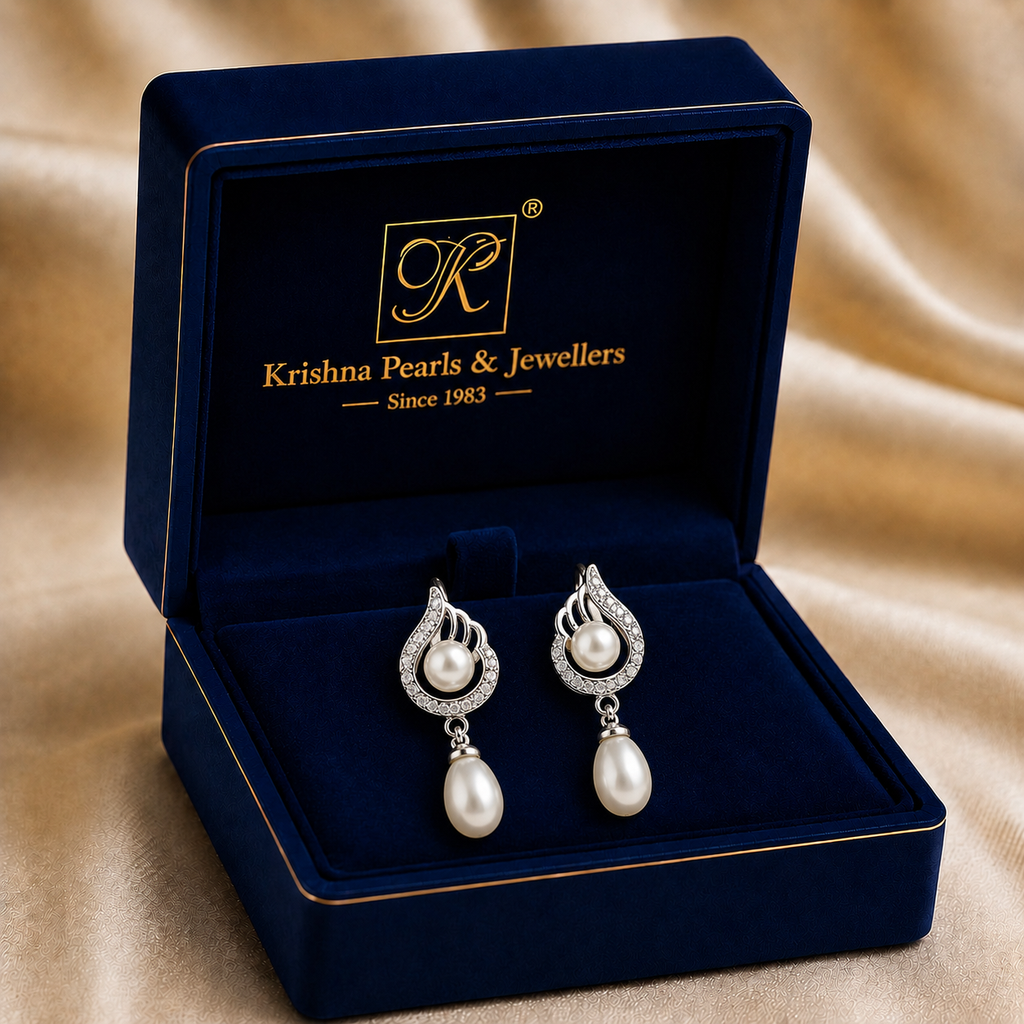 Bridal White Polish Freshwater Pearl & CZ Drop Earrings in Silver Tone | Pearl Earrings for Women | Krishna Pearls & Jewellers