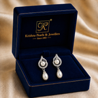 Bridal White Polish Freshwater Pearl & CZ Drop Earrings in Silver Tone | Pearl Earrings for Women | Krishna Pearls & Jewellers