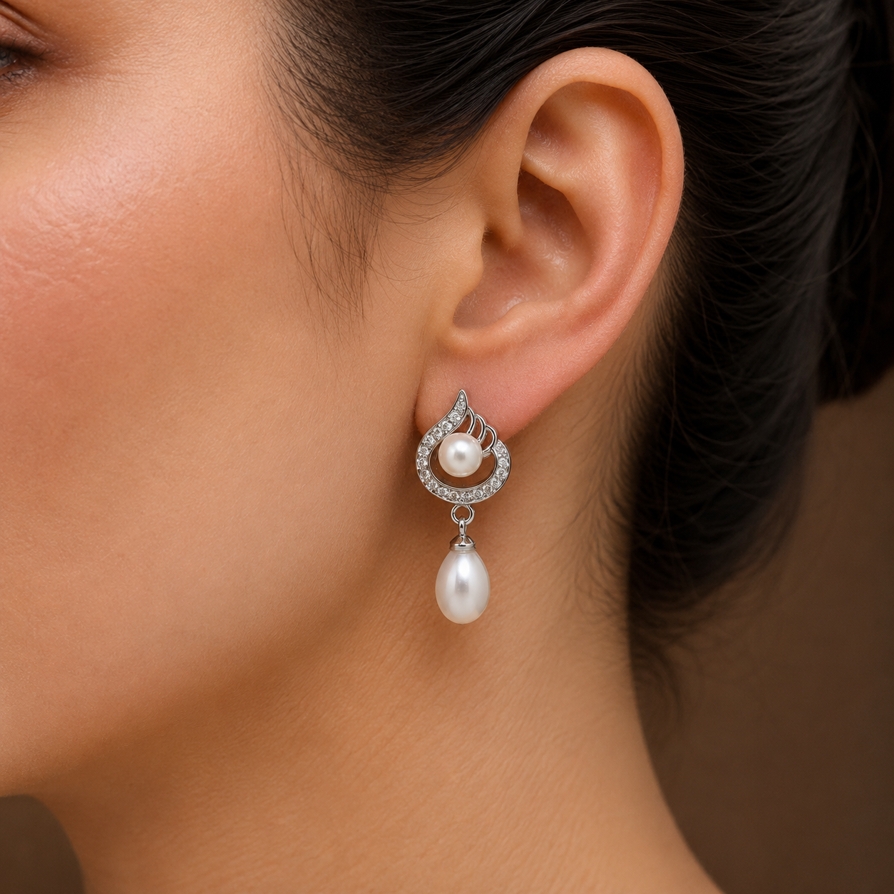 Bridal White Polish Freshwater Pearl & CZ Drop Earrings in Silver Tone | Pearl Earrings for Women | Krishna Pearls & Jewellers
