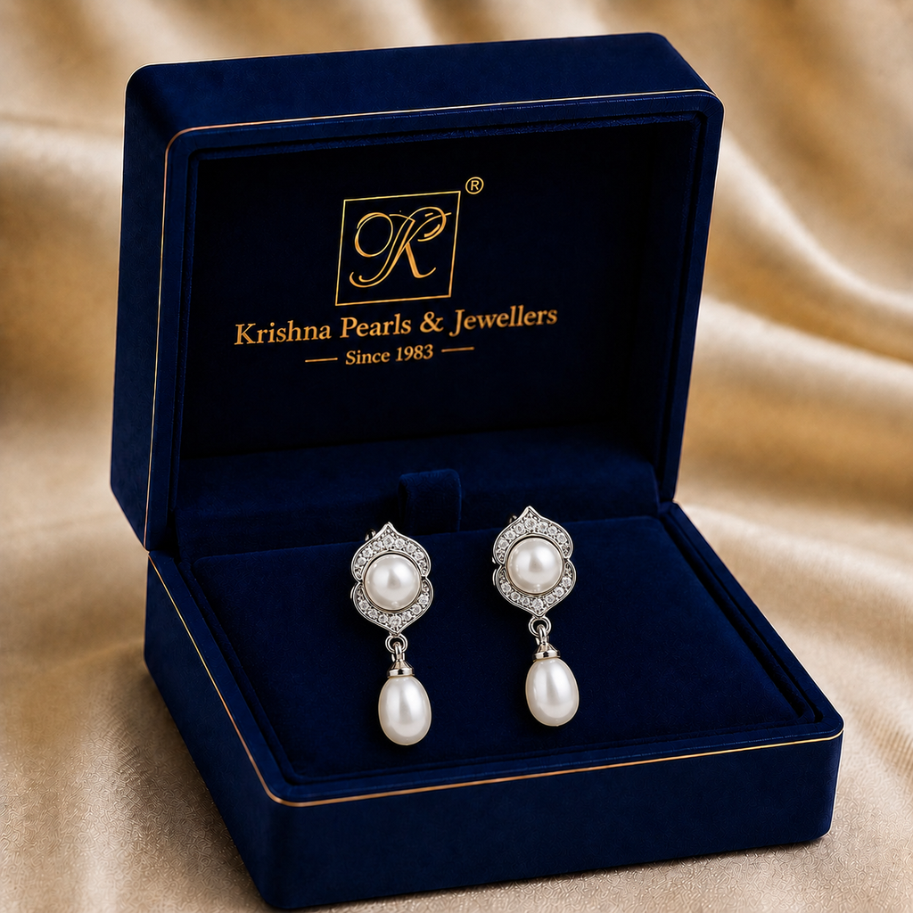 Stylish White Polish Freshwater Pearl & CZ Drop Earrings in Silver Tone | Pearl Earrings for Women | Krishna Pearls & Jewellers