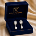 Stylish White Polish Freshwater Pearl & CZ Drop Earrings in Silver Tone | Pearl Earrings for Women | Krishna Pearls & Jewellers