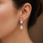 Stylish White Polish Freshwater Pearl & CZ Drop Earrings in Silver Tone | Pearl Earrings for Women | Krishna Pearls & Jewellers