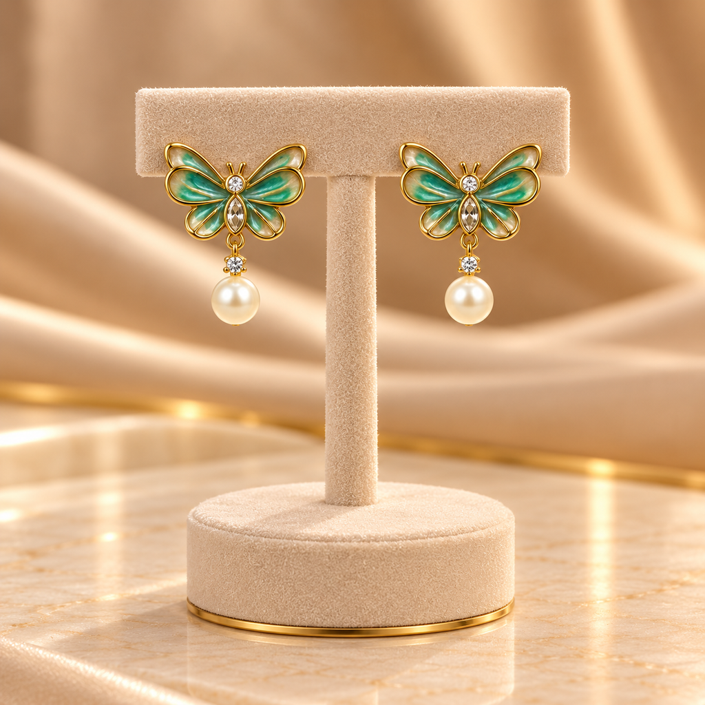 Aqua Butterfly Pearl Drop Earrings for Women – Iridescent Gold-Tone Design | Krishna Pearls & Jewellers