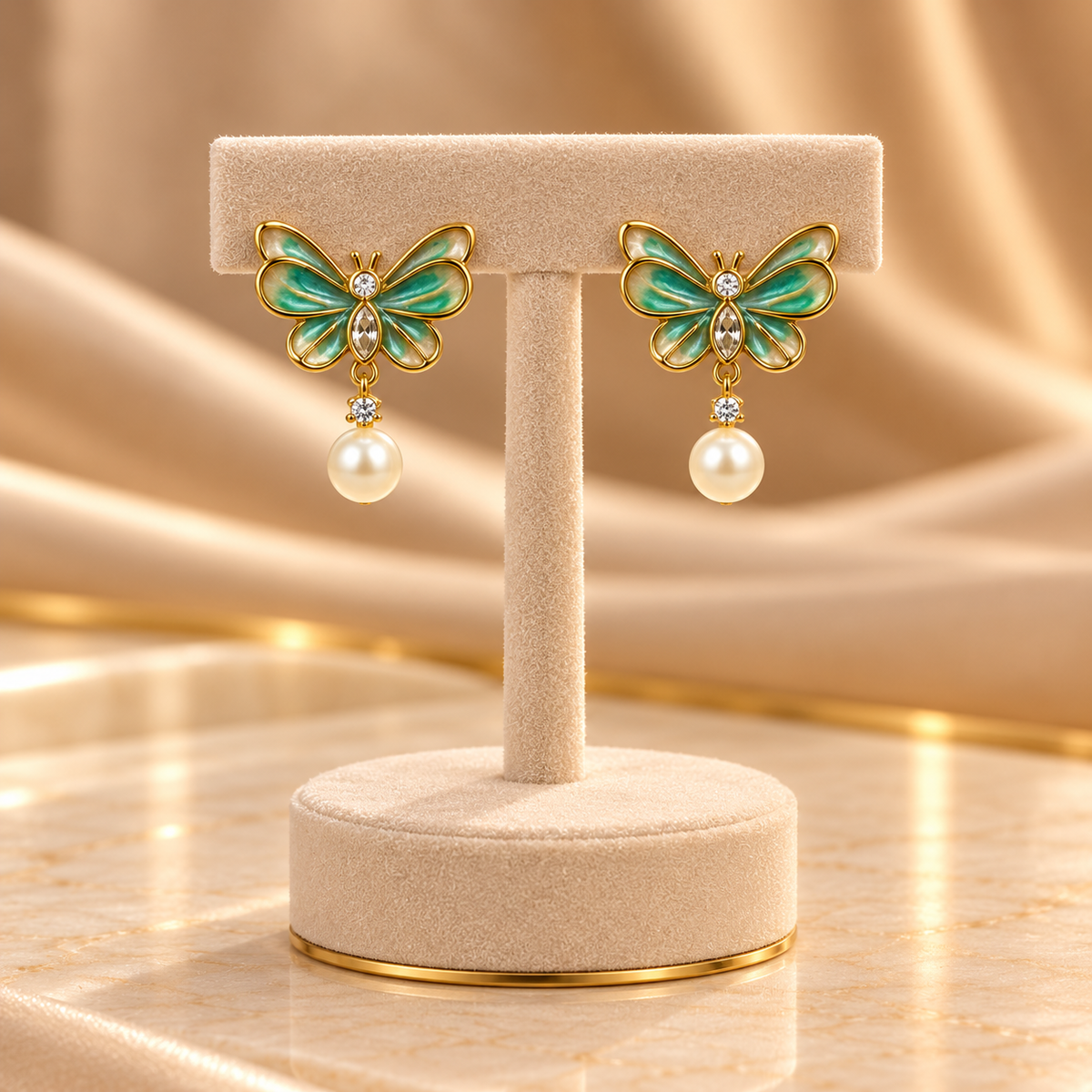 Aqua Butterfly Pearl Drop Earrings for Women – Iridescent Gold-Tone Design | Krishna Pearls & Jewellers