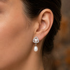Exquisite White Polish Freshwater Pearl & CZ Drop Earrings in Silver Tone | Pearl Earrings for Women | Krishna Pearls & Jewellers