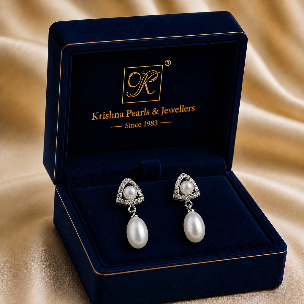 Exquisite White Polish Freshwater Pearl & CZ Drop Earrings in Silver Tone | Pearl Earrings for Women | Krishna Pearls & Jewellers