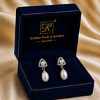 Exquisite White Polish Freshwater Pearl & CZ Drop Earrings in Silver Tone | Pearl Earrings for Women | Krishna Pearls & Jewellers