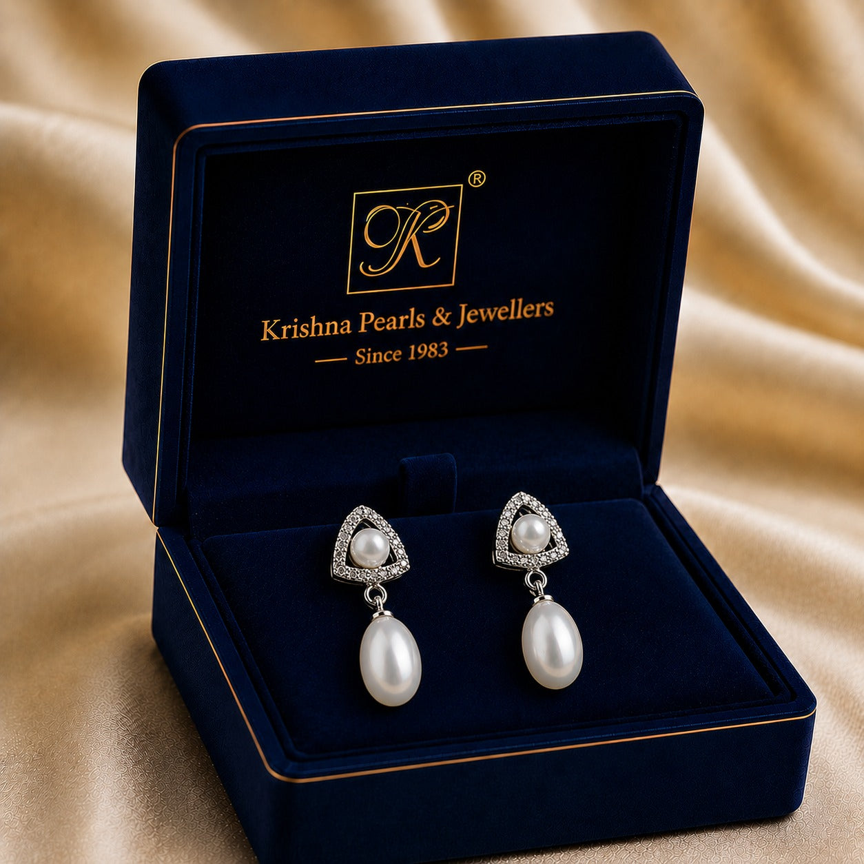 Exquisite White Polish Freshwater Pearl & CZ Drop Earrings in Silver Tone | Pearl Earrings for Women | Krishna Pearls & Jewellers