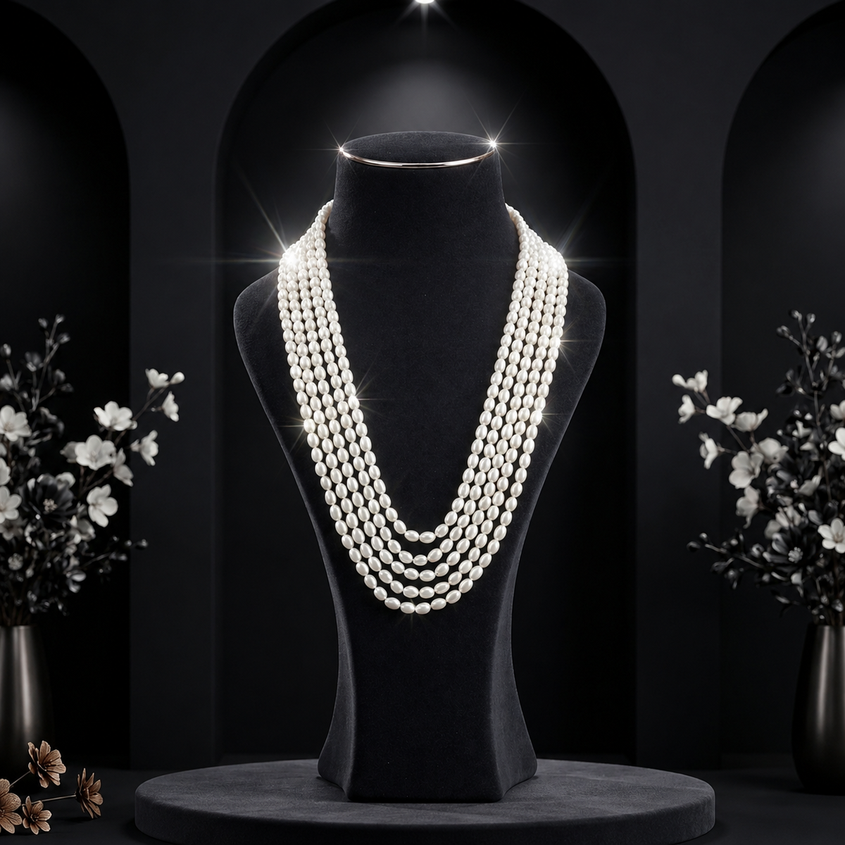 A multi-strand pearl necklace displayed on a black jewelry bust against a dark arched studio backdrop, with decorative floral arrangements at the sides.