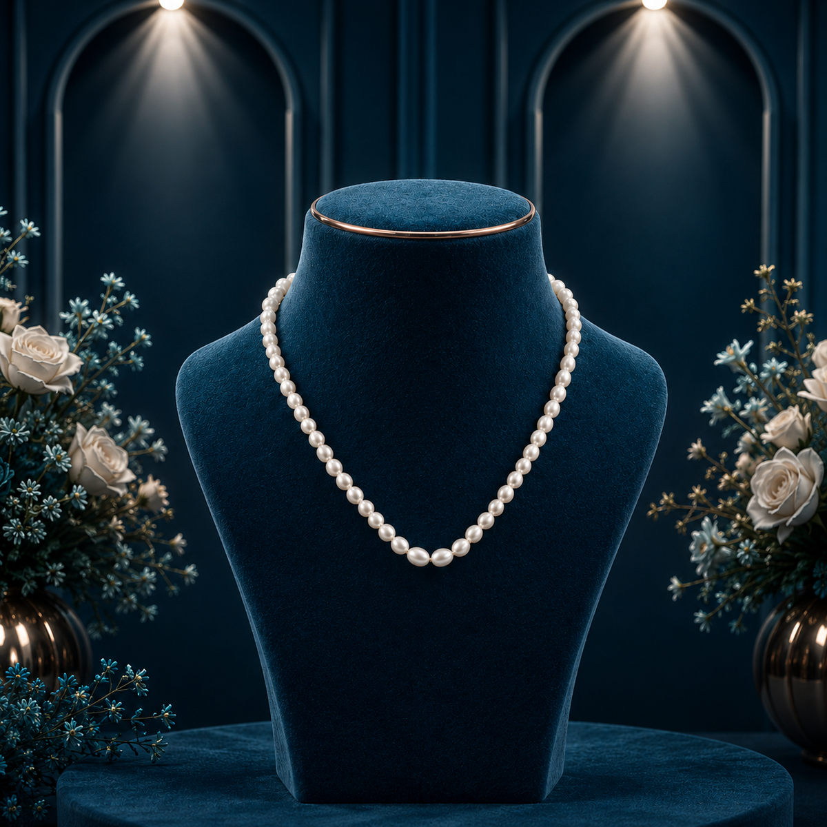 A single-strand pearl necklace displayed on a dark blue velvet jewelry bust, set against a dark blue background with decorative floral arrangements and spotlighting.