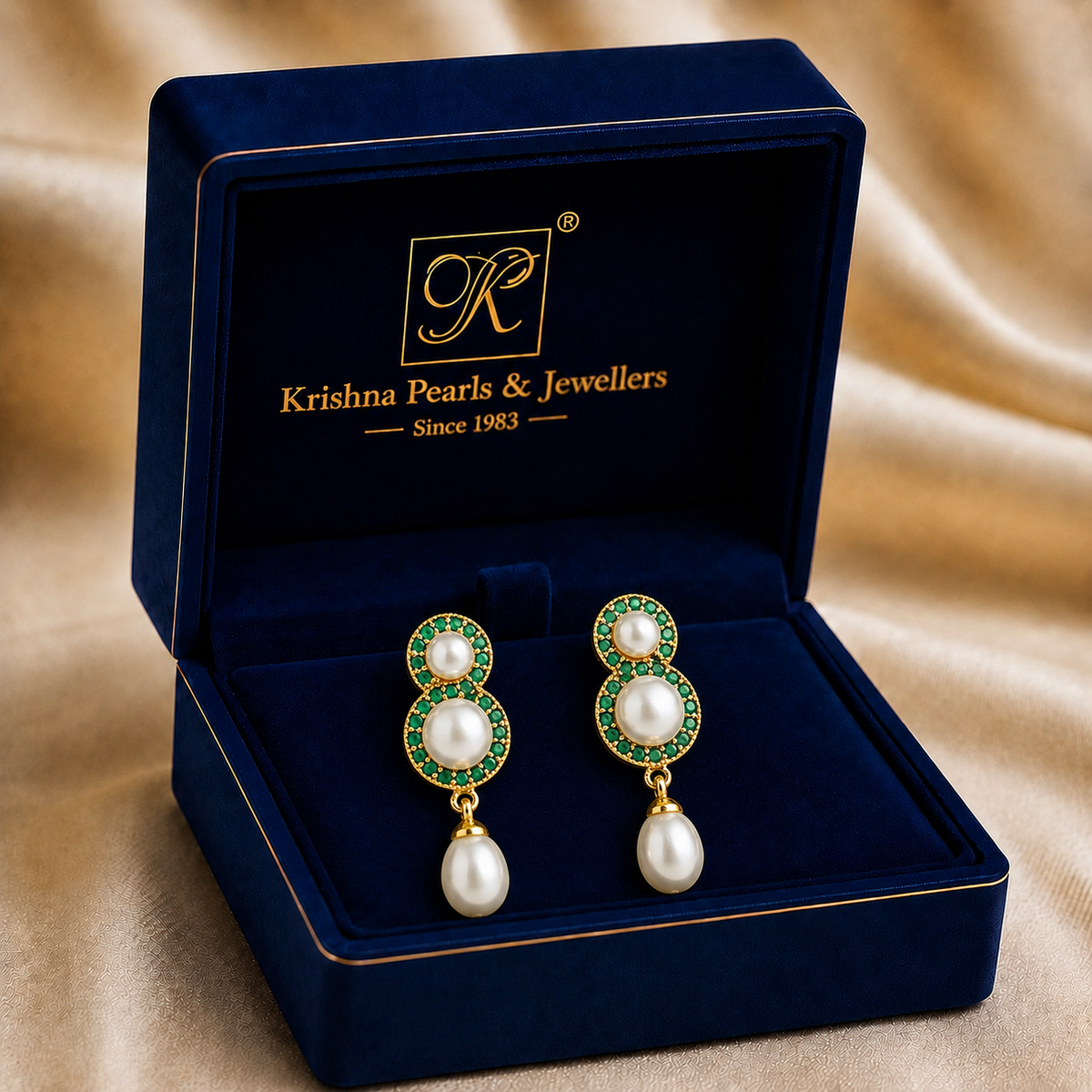 Yellow Gold Polish Mother of Pearl Hanging Drop Earrings in Gold | Pearl Earrings for Women | Krishna Pearls & Jewellers