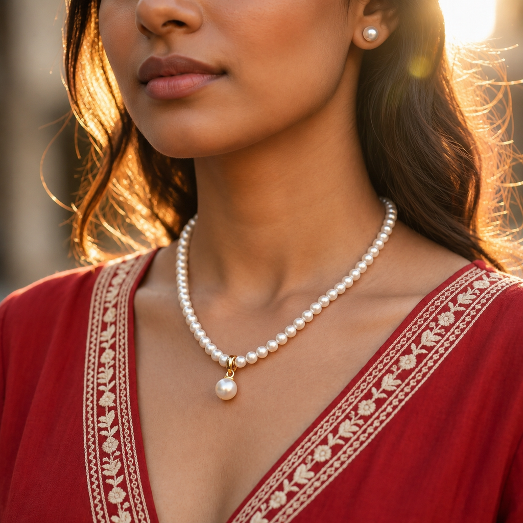 Yellow Gold Polish Seed Pearl Single Line Necklace Set with Matching Earrings (5-6 mm) | Elegant Bridal & Party Wear Jewellery | Krishna Pearls & Jewellers