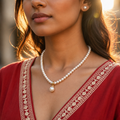 Yellow Gold Polish Seed Pearl Single Line Necklace Set with Matching Earrings (5-6 mm) | Elegant Bridal & Party Wear Jewellery | Krishna Pearls & Jewellers
