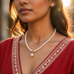 Yellow Gold Polish Seed Pearl Single Line Necklace Set with Matching Earrings (5-6 mm) | Elegant Bridal & Party Wear Jewellery | Krishna Pearls & Jewellers