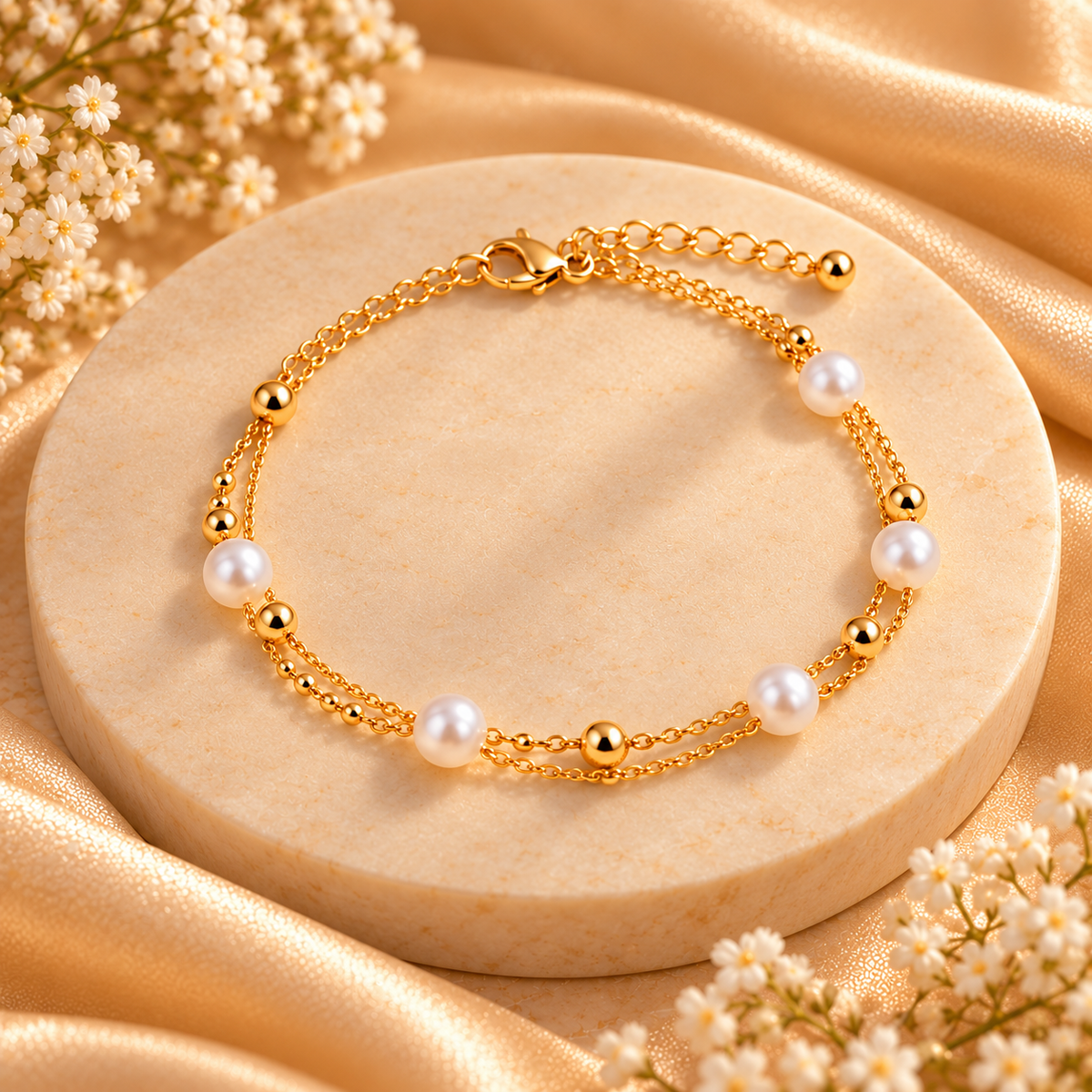 A gold chain bracelet with white pearls and small gold beads, displayed on a round beige stone pedestal with satin fabric and white flowers around it.