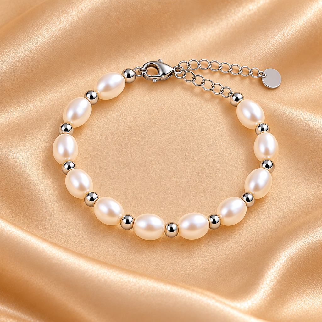 A pearl and silver bead bracelet arranged in a circle on a shiny peach satin fabric background.
