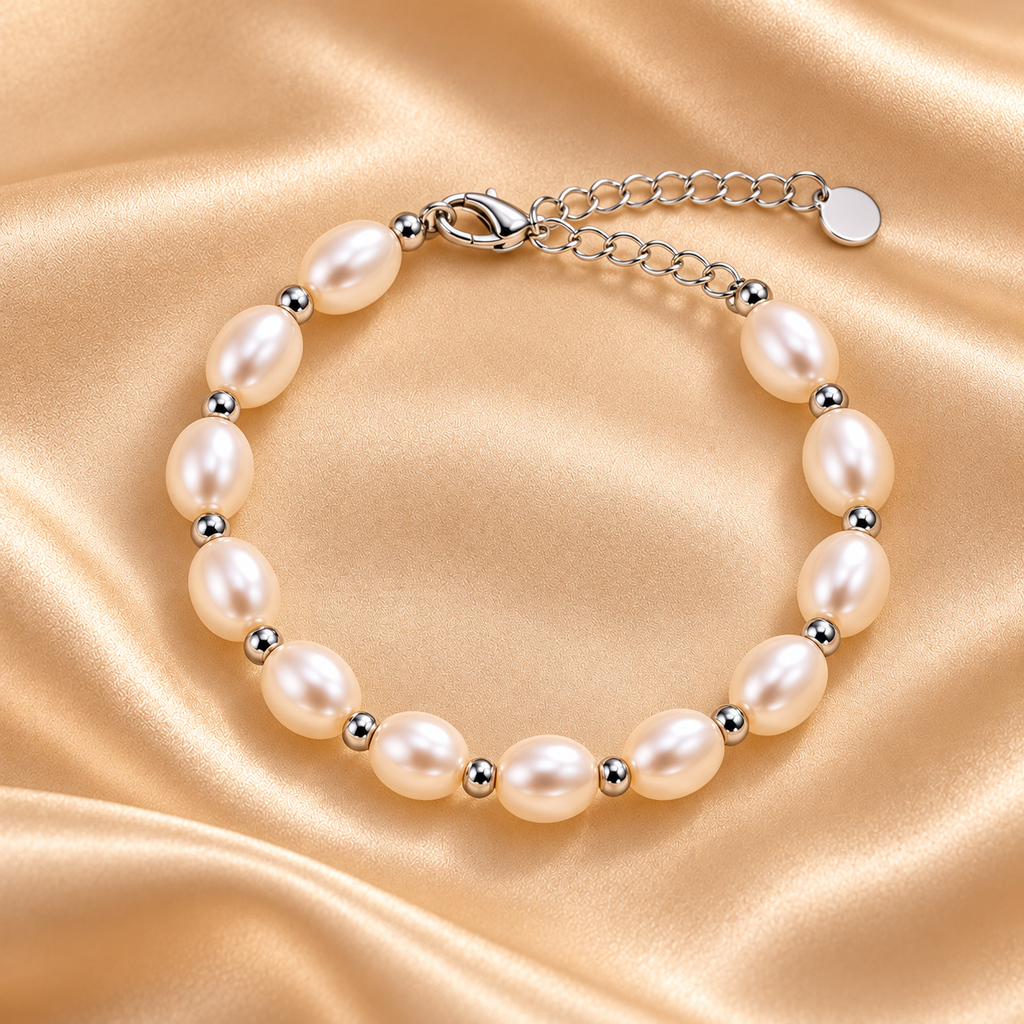 A pearl beaded bracelet with silver-toned metal beads and a chain clasp, displayed on a draped champagne satin fabric background.